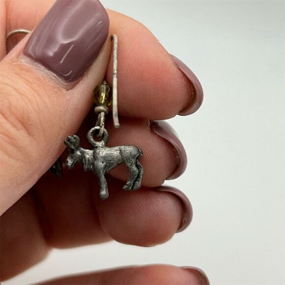 Small Sterling Silver 925 Fun Moose Dangle Earrings with Green Bead Pierced - Picture 6 of 11